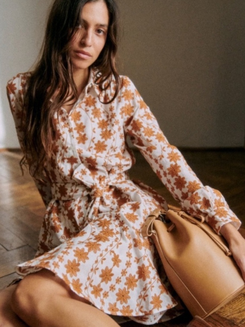 Sezane Sol Mini Dress Embroidered Floral Tie Waist Cotton Camel Cream Size Xs